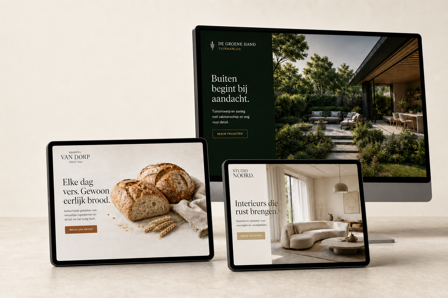 Drie voorbeeldwebsites van Etala op een monitor en twee tablets: een hovenier, bakkerij en interieurstudio